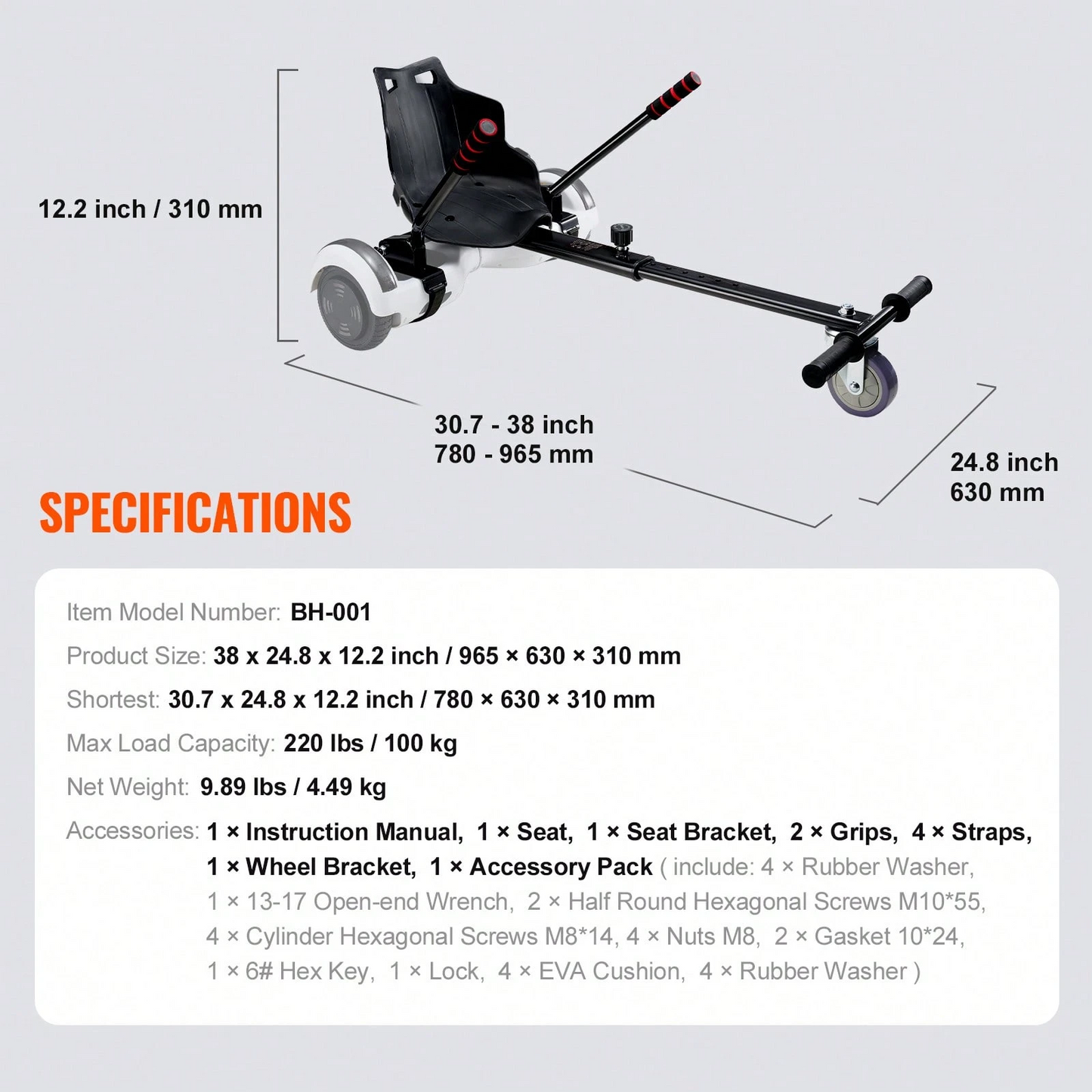 The hoverboard go-kart features a dual shock absorption system, an adjustable frame length, and a load capacity of 270 lbs or 220 lbs.