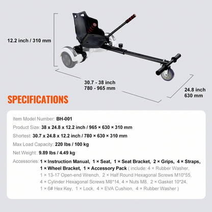 The hoverboard go-kart features a dual shock absorption system, an adjustable frame length, and a load capacity of 270 lbs or 220 lbs.
