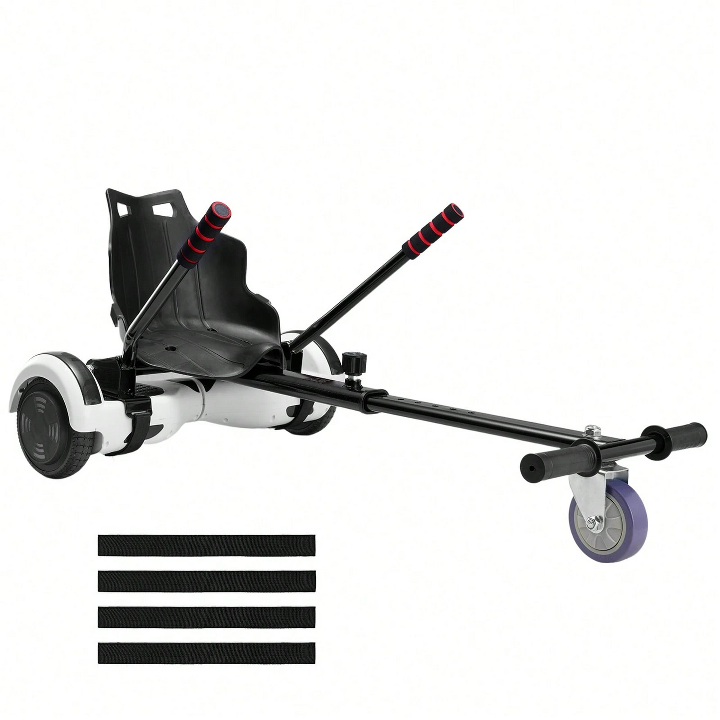 The hoverboard go-kart features a dual shock absorption system, an adjustable frame length, and a load capacity of 270 lbs or 220 lbs.