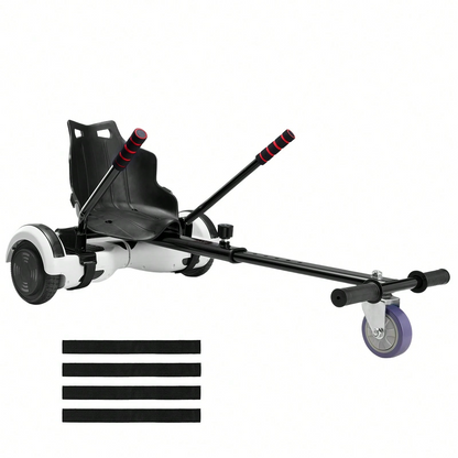 The hoverboard go-kart features a dual shock absorption system, an adjustable frame length, and a load capacity of 270 lbs or 220 lbs.