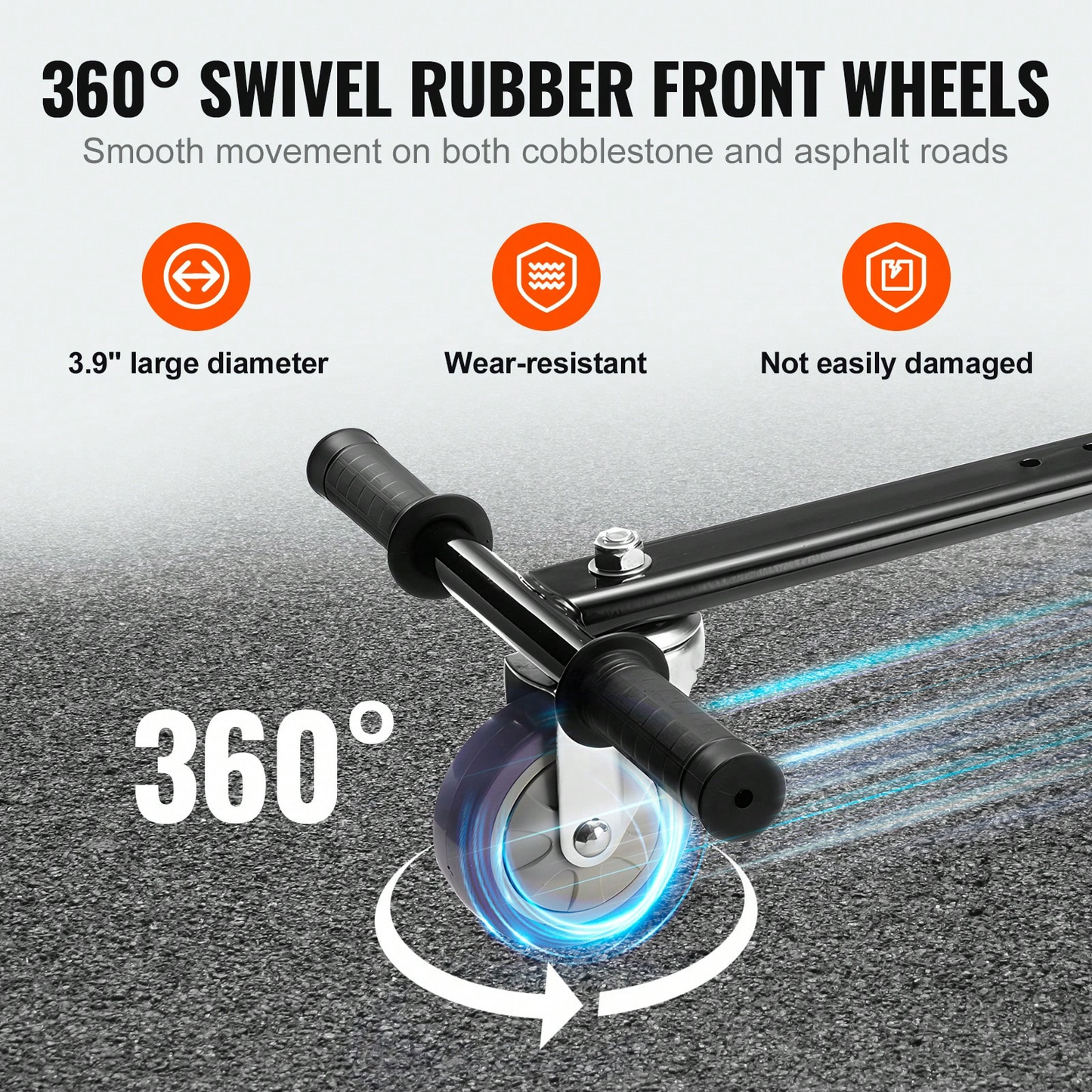 The hoverboard go-kart features a dual shock absorption system, an adjustable frame length, and a load capacity of 270 lbs or 220 lbs.