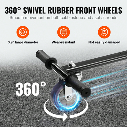 The hoverboard go-kart features a dual shock absorption system, an adjustable frame length, and a load capacity of 270 lbs or 220 lbs.