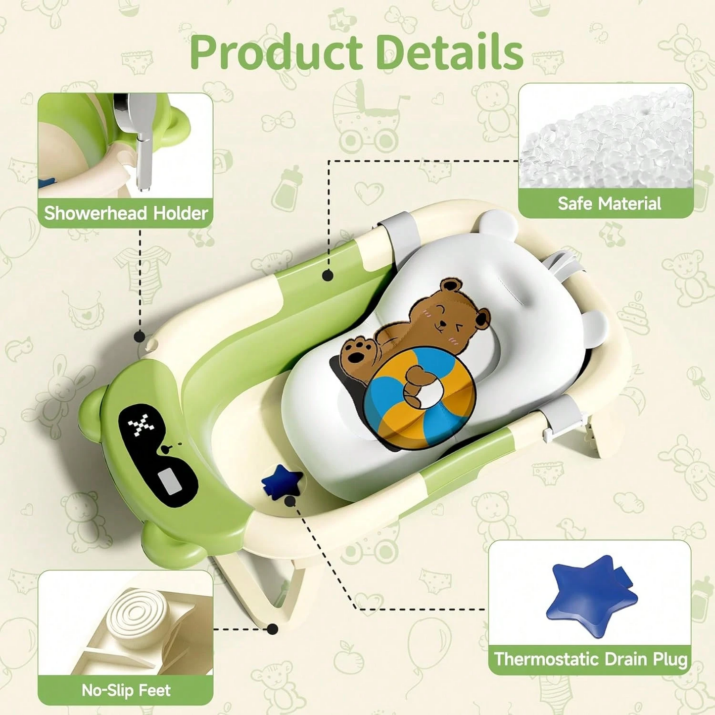 Foldable baby bathtub with soft bath net, portable baby travel bathtub