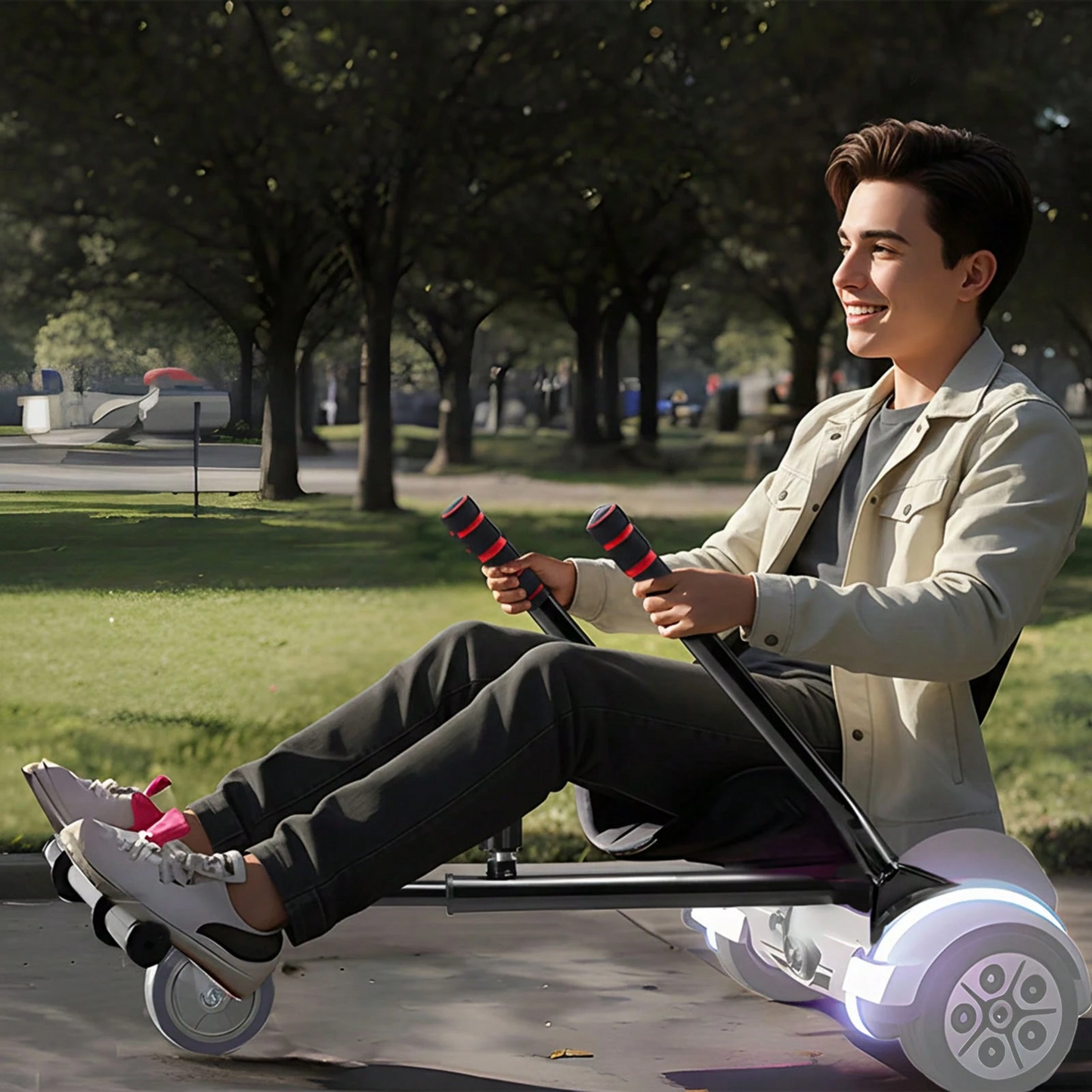 The hoverboard go-kart features a dual shock absorption system, an adjustable frame length, and a load capacity of 270 lbs or 220 lbs.