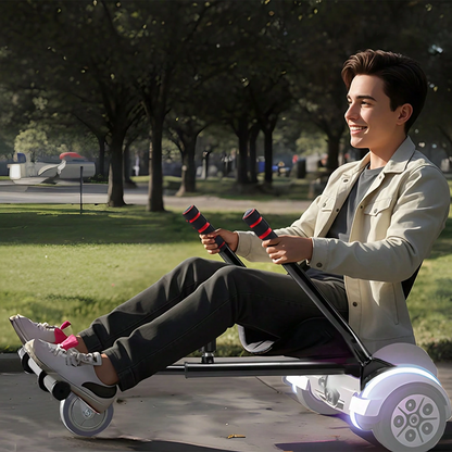 The hoverboard go-kart features a dual shock absorption system, an adjustable frame length, and a load capacity of 270 lbs or 220 lbs.