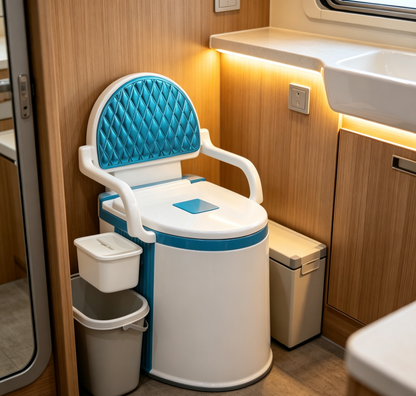 Portable toilet, suitable for lightweight RVs, with a removable inner tub and removable storage box.
