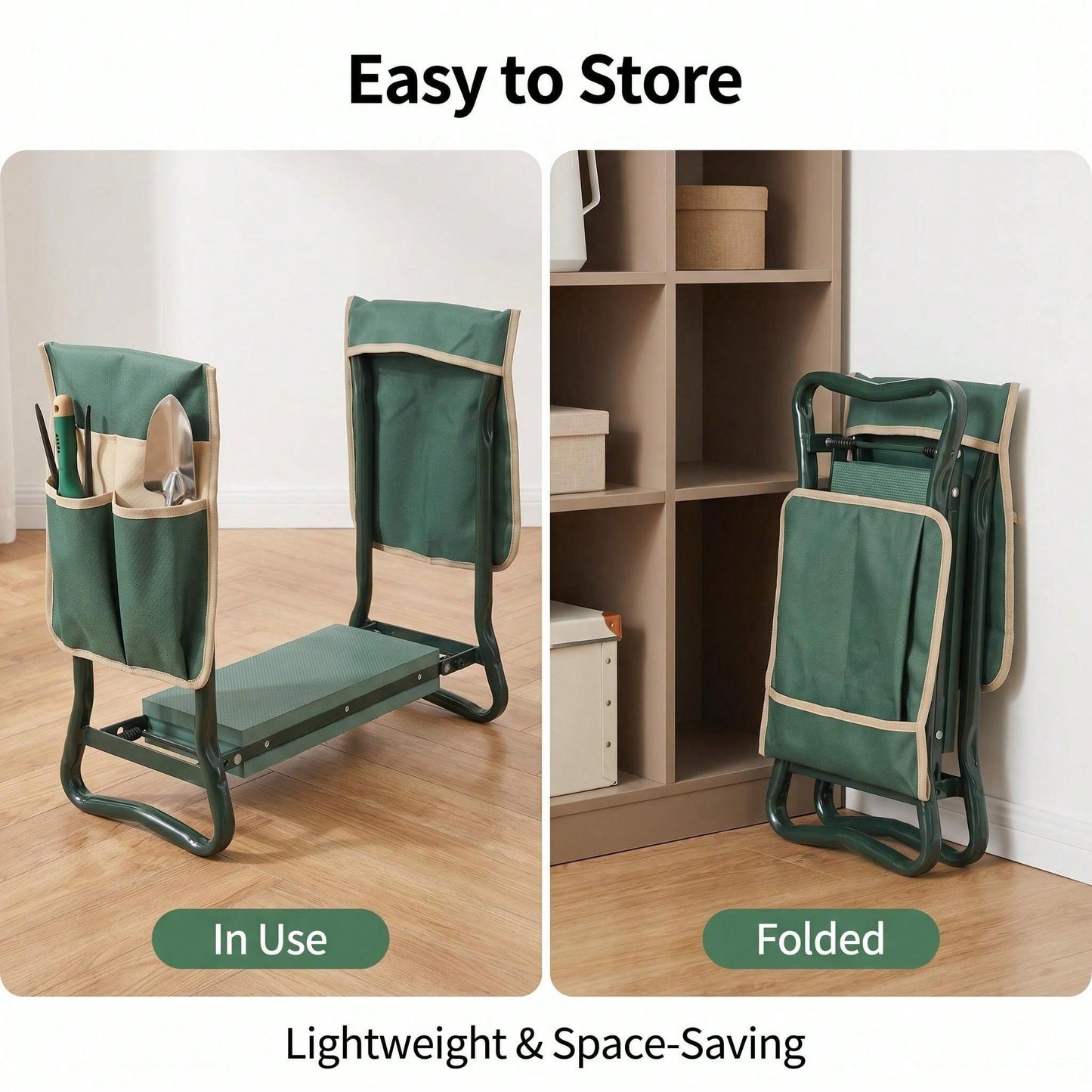 Foldable Garden Kneeling Bench with Dual Side Tool Storage Pouches & Thick Foam Knee Cushion