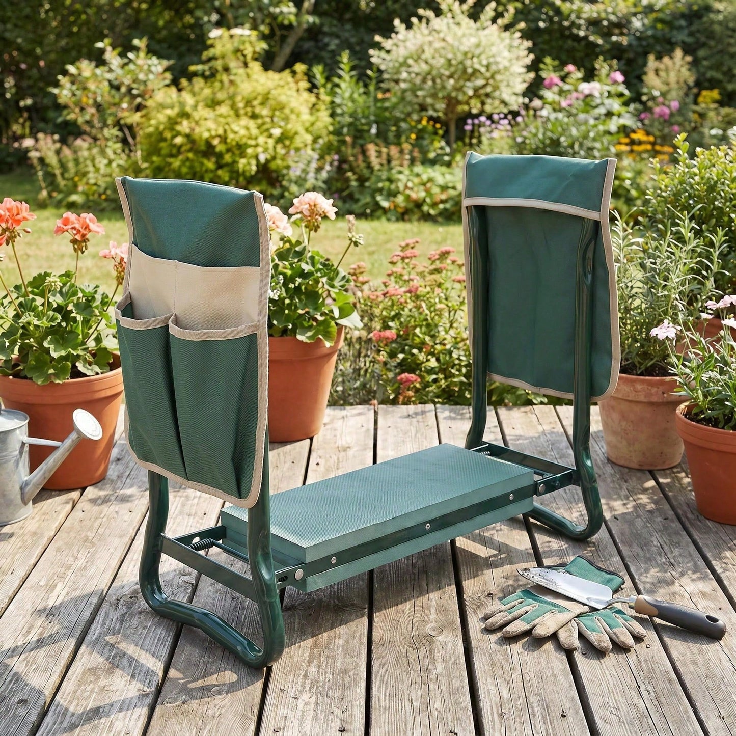 Foldable Garden Kneeling Bench with Dual Side Tool Storage Pouches & Thick Foam Knee Cushion