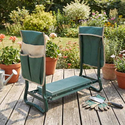 Foldable Garden Kneeling Bench with Dual Side Tool Storage Pouches & Thick Foam Knee Cushion