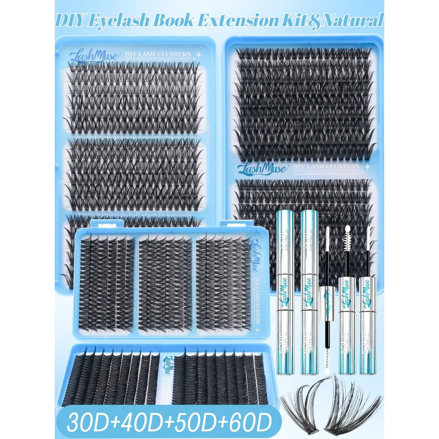 Ultra-Dense, Waterproof, Long-Lasting Lashes Kit,30D，40D，50D，60D, Includes Lash Glue, Tweezers