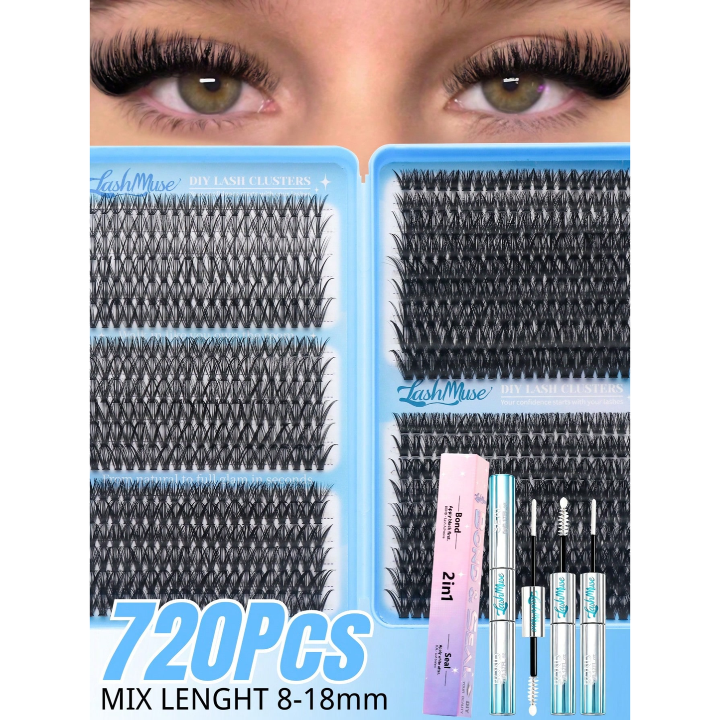 Ultra-Dense, Waterproof, Long-Lasting Lashes Kit,30D，40D，50D，60D, Includes Lash Glue, Tweezers